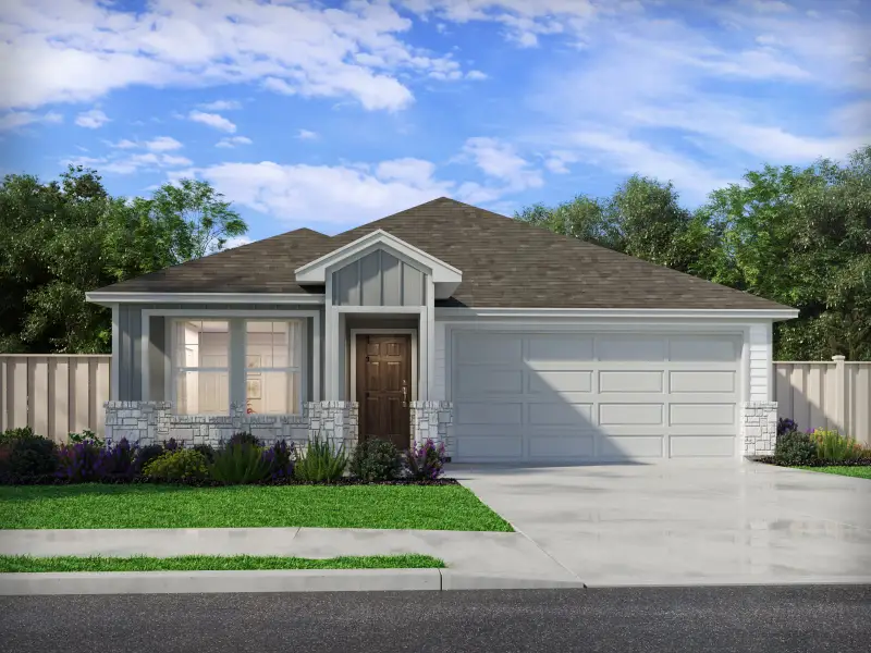 Front exterior of a new home in Creekfall, Burnet, TX, highlighting curb appeal (Image 1).