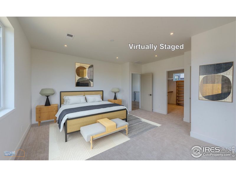 Primary Bedroom Suite Has A Luxurious Bathroom, Walk-In Closet With Custom Shelving And Built-In Cabinets & A Covered Deck With Mountain Views