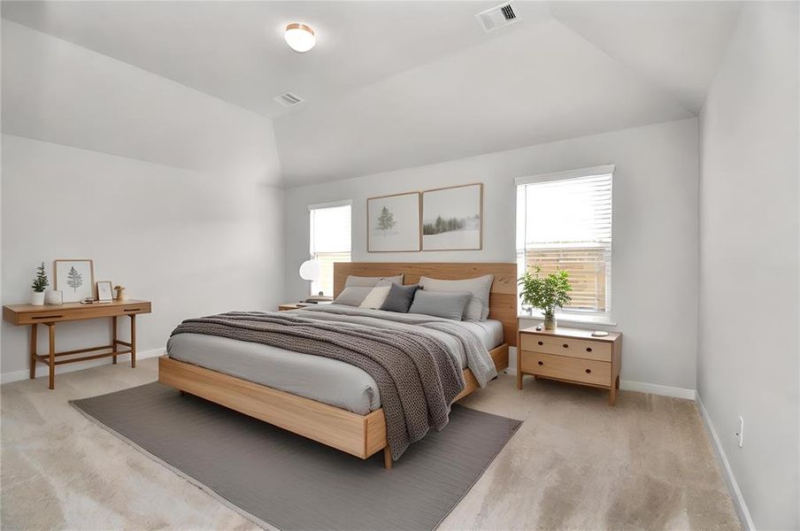 *Virtually Staged* Unwind in style in this remarkable primary suite after a long day! Revel in the luxury of plush carpet, warm paint tones, soaring ceilings, and expansive windows. Sample photo of completed home with similar floor plan. Actual colors and selections may vary.