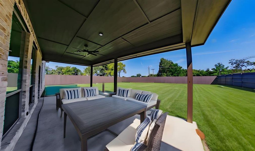 Fenced backyard with an outdoor living space, a patio area, and a ceiling fan Fenced backyard with an outdoor living space, a patio area, and a ceiling fan