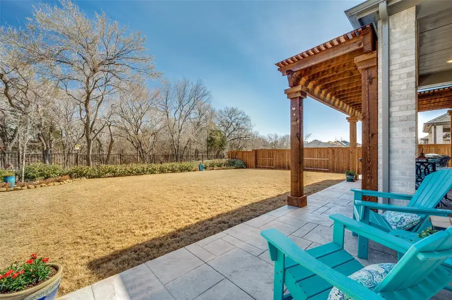 Fenced backyard with a patio and a pergola