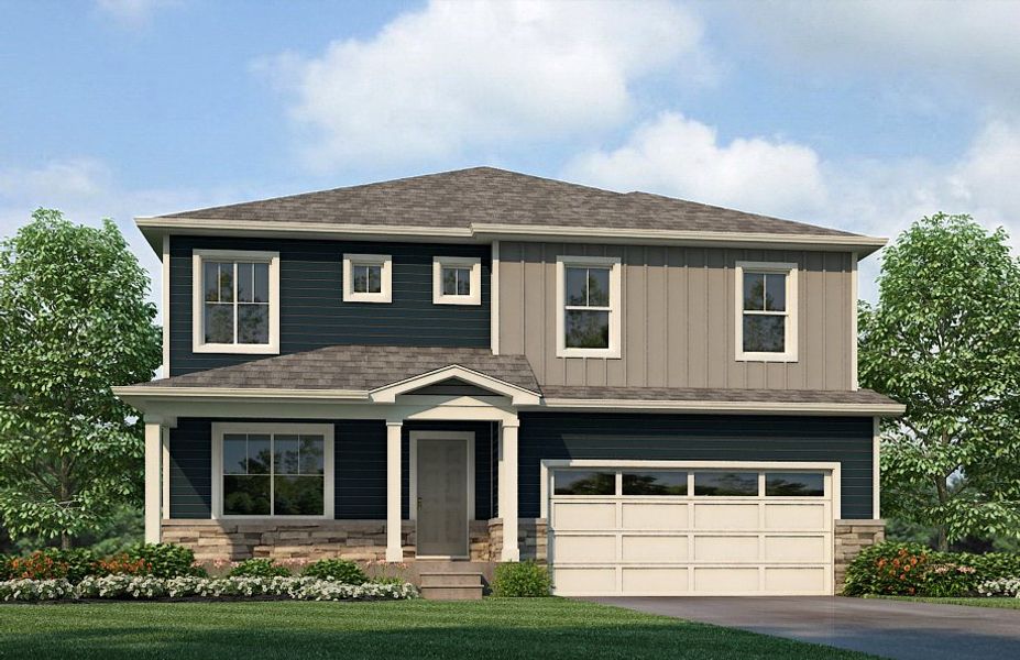 Representative exterior photo of a completed home built from the Henley by D.R. Horton in Lakeside Canyon, Mead, CO (Image 23).