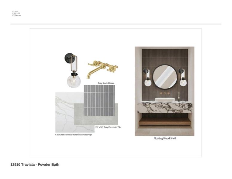 Boutique-inspired powder room featuring a floating wood vanity with stone waterfall countertop, vertical stacked tile backsplash, and wall-mounted plumbing fixtures. Unique designer sconces and round mirror complete this showpiece space. Boutique-inspired powder room featuring a floating wood vanity with stone waterfall countertop, vertical stacked tile backsplash, and wall-mounted plumbing fixtures. Unique designer sconces and round mirror complete this showpiece space.