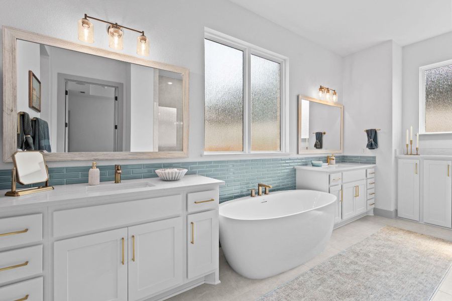 Primary Bath retreat with dual vanities & soaking tub