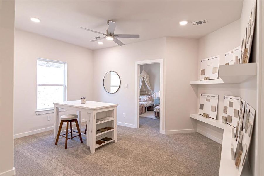 Office featuring light carpet, recessed lighting, and a ceiling fan Office featuring light carpet, recessed lighting, and a ceiling fan