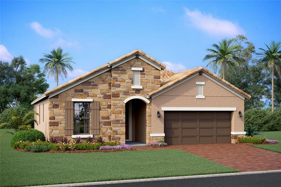 Front exterior of a new home in Sweetwater at Lakewood Ranch, Lakewood Ranch, FL, highlighting curb appeal (Image 1).
