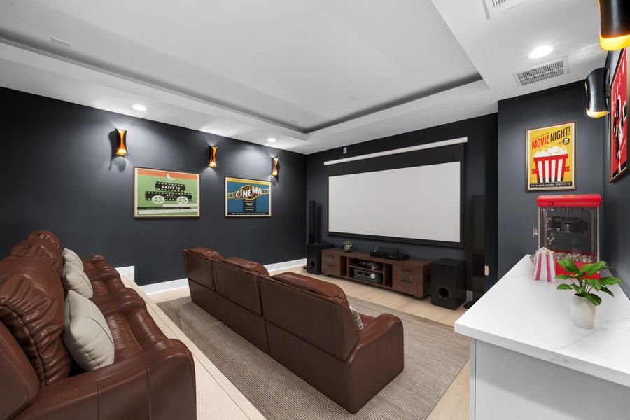 Virtually Staged: No need to go to the movie theater with this fantastic media room! Featuring a beautiful tray ceiling, engineered wood floors, and recessed lighting. Virtually Staged: No need to go to the movie theater with this fantastic media room! Featuring a beautiful tray ceiling, engineered wood floors, and recessed lighting.