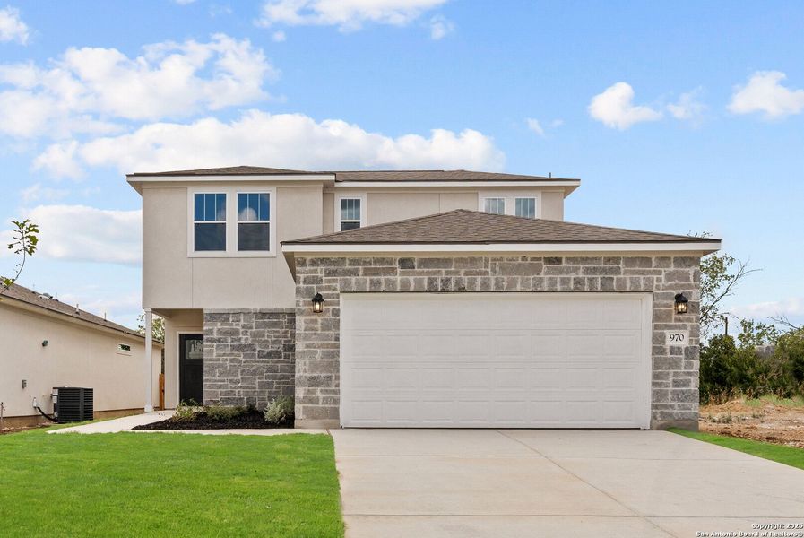 Front exterior of a new home in August Fields, New Braunfels, TX, highlighting curb appeal (Image 24). Front exterior of a new home in August Fields, New Braunfels, TX, highlighting curb appeal (Image 24).