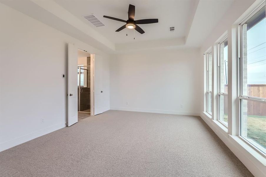 Carpeted spare room featuring a raised ceiling and ceiling fan