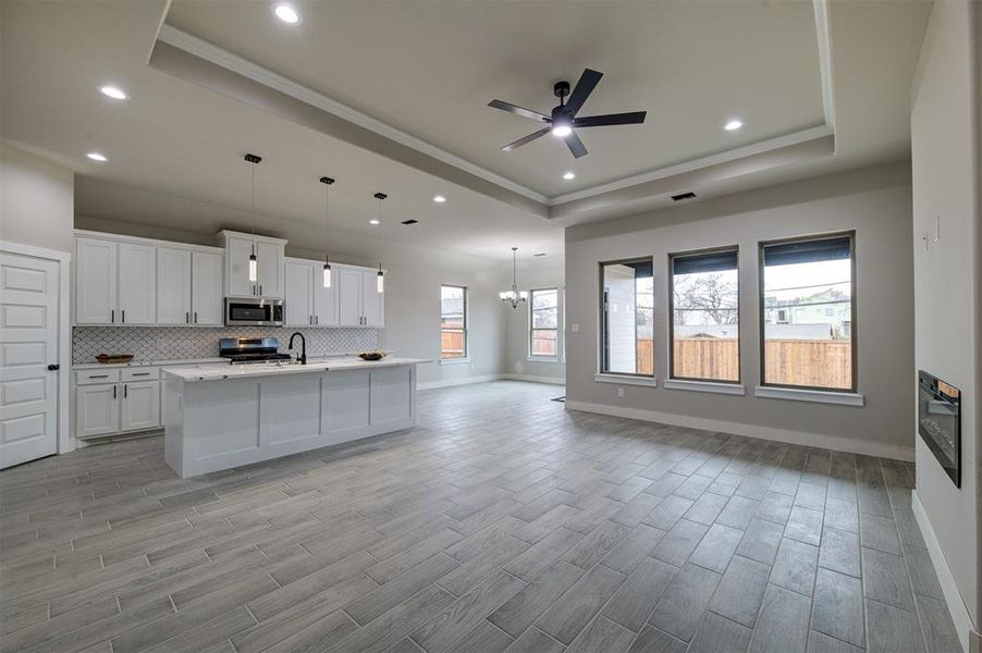 Kitchen featuring a tray ceiling, stainless steel appliances, and white cabinets