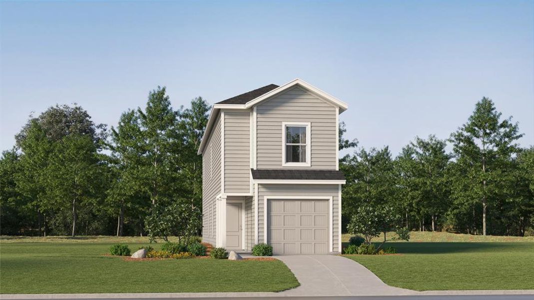 View of front of house with a garage and a front lawn