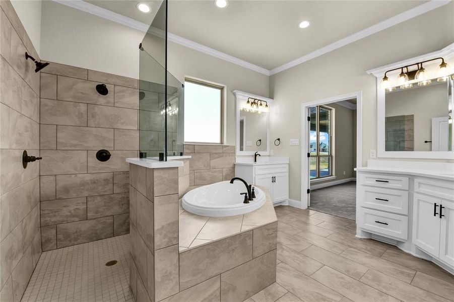 Bathroom featuring vanity, ornamental molding, and plus walk in shower