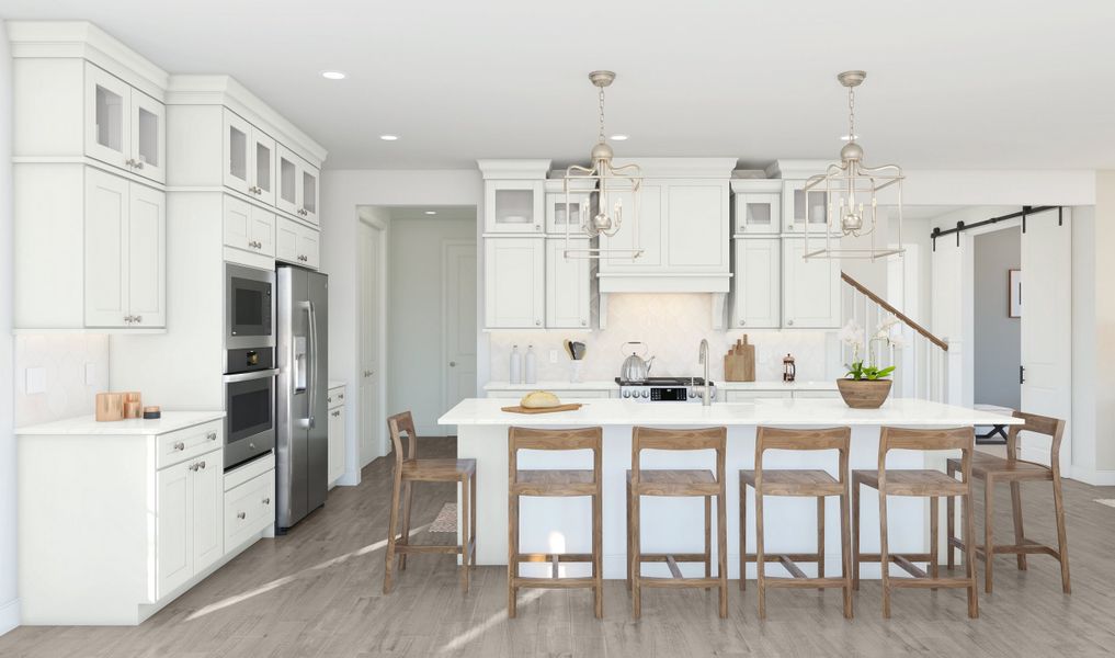 Kitchen with glass upper cabinets and pendant lighting