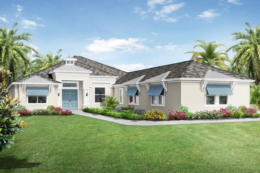 Representative exterior photo of a completed home built from the Grand Santa Maria 2 by Medallion Home in Hampton Lakes, Sarasota, FL (Image 3). Representative exterior photo of a completed home built from the Grand Santa Maria 2 by Medallion Home in Hampton Lakes, Sarasota, FL (Image 3).