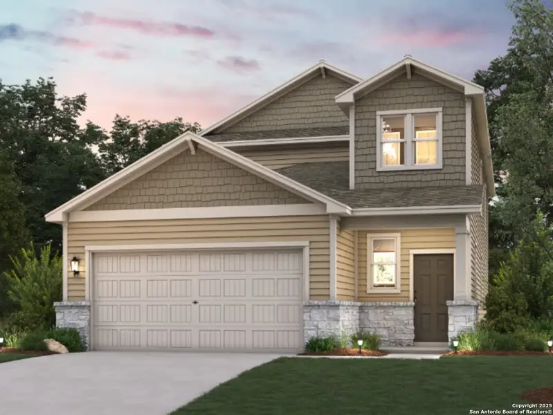 Front exterior of a new home in Spring Creek, San Antonio, TX, highlighting curb appeal (Image 1).