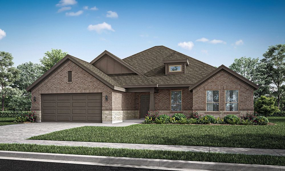 Representative exterior photo of a completed home built from the Cromwell II by Impression Homes in Mountain Valley Lake, Burleson, TX (Image 13). Representative exterior photo of a completed home built from the Cromwell II by Impression Homes in Mountain Valley Lake, Burleson, TX (Image 13).