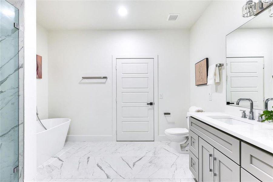 Full bathroom with vanity, toilet, and independent shower and bath