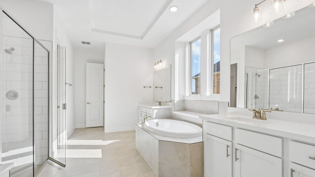 An interior shot of the primary bathroom in Brown floorplan at Retreat at San Gabriel - Representative Image