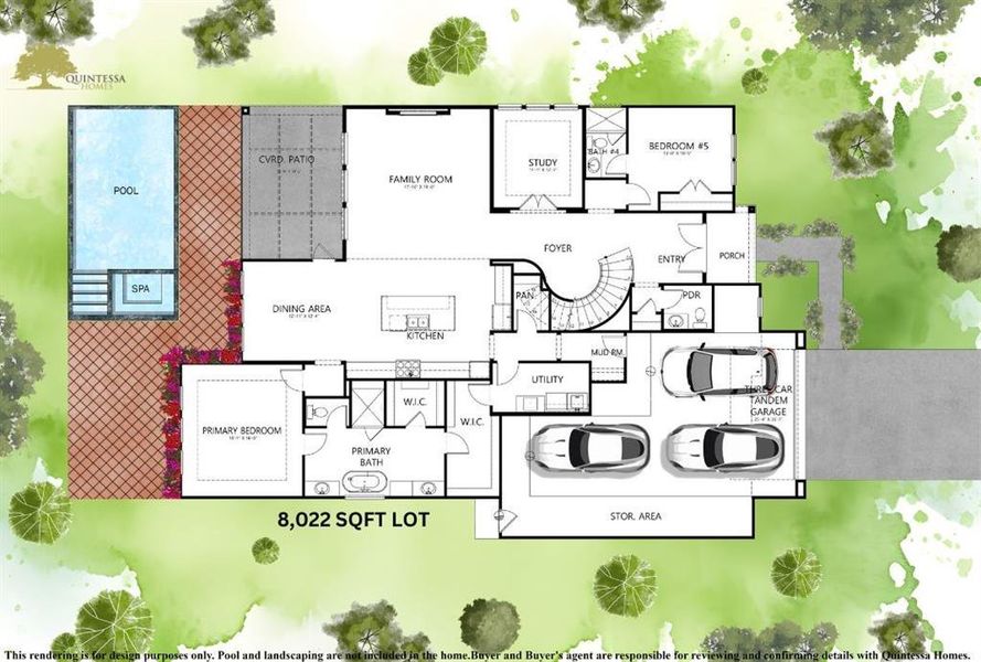 Artist Rendering of 1st floor on Site Plan. Backyard Pool and Sold are not included in home.