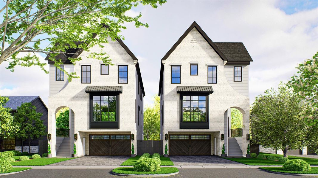 Another fantastic development from Prebisch Homes! This striking pair of Transitional residences feature a clean, symmetrical design with timeless architectural appeal.  The facades are clad in Antique White Queen Brick, accented by dark trim and steep gabled rooflines.  Large, black-framed windows punctuate the exterior, allowing abundant natural light while creating bold contrast against the light masonry.  These are artists renderings and art subject to change anytime during construction.