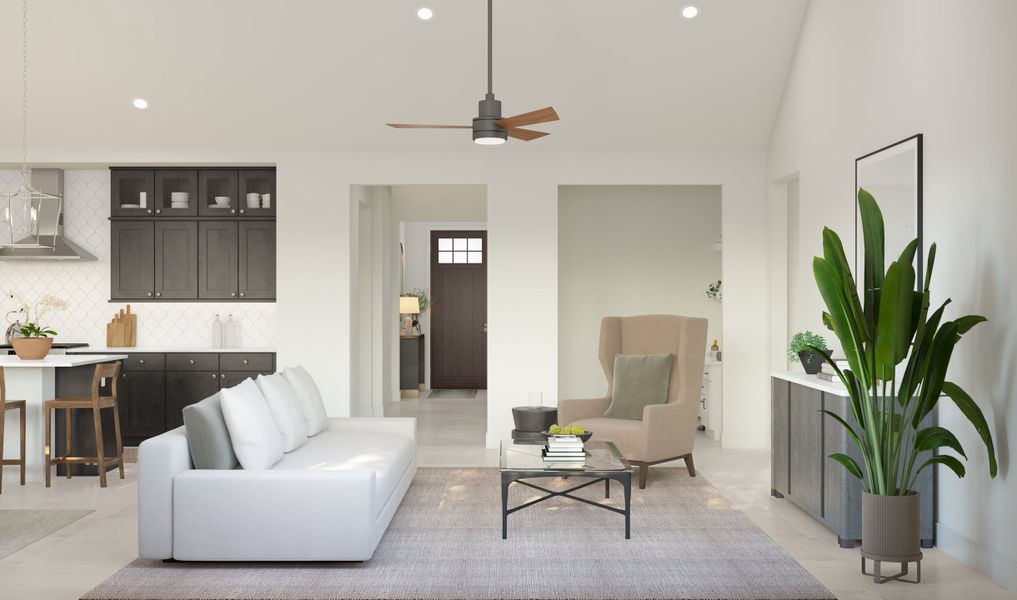 Great room with vaulted ceiling