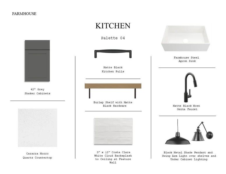 Farmhouse Look Palette 4: Kitchen Selection Sheet (*Artist rendering used for illustration purposes only.) Farmhouse Look Palette 4: Kitchen Selection Sheet (*Artist rendering used for illustration purposes only.)