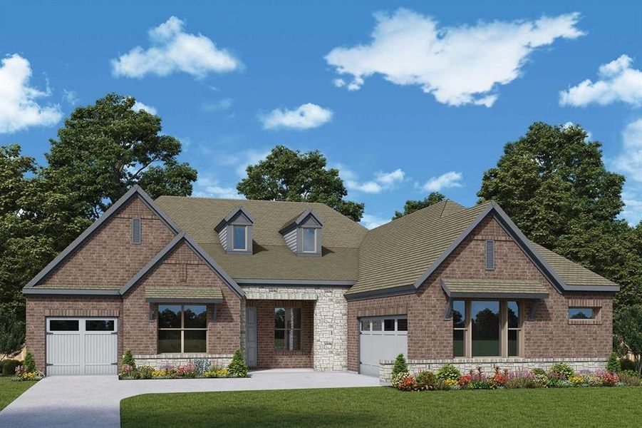 View of front facade with brick siding, a garage, a front yard, and driveway View of front facade with brick siding, a garage, a front yard, and driveway