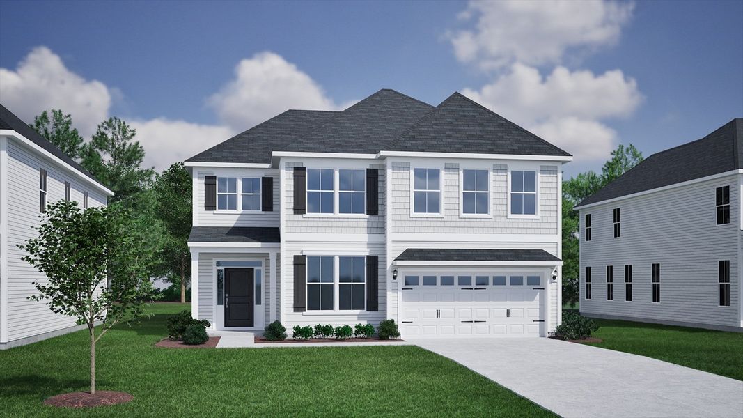 Front exterior of a new home in Indigo at Abbey Preserve, Wilmington, NC, highlighting curb appeal (Image 1). Front exterior of a new home in Indigo at Abbey Preserve, Wilmington, NC, highlighting curb appeal (Image 1).