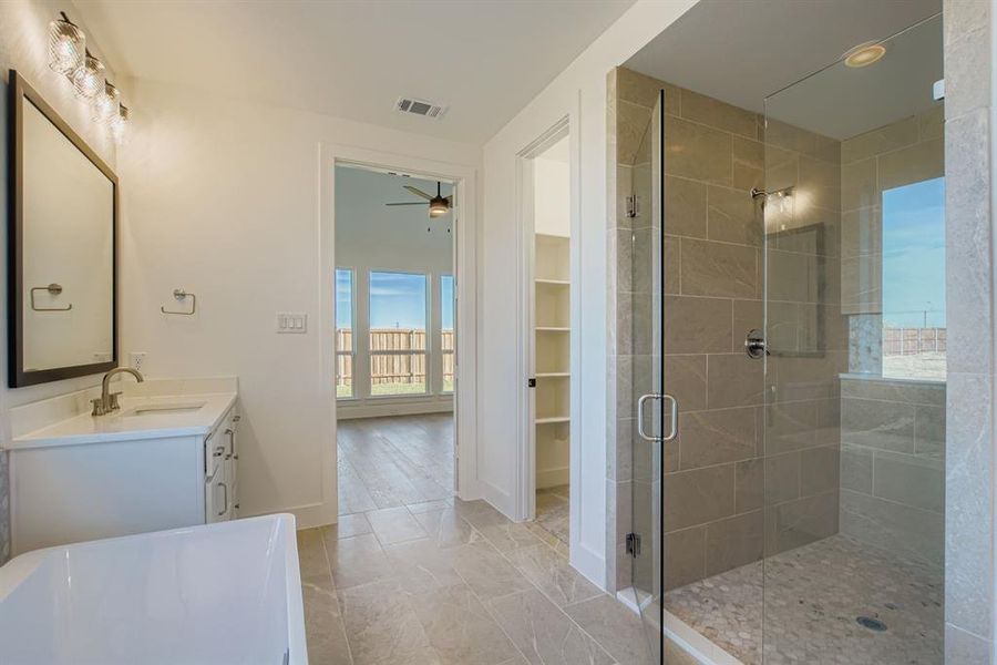 Bathroom featuring vanity, a soaking tub, a stall shower, ceiling fan, and a spacious closet Bathroom featuring vanity, a soaking tub, a stall shower, ceiling fan, and a spacious closet