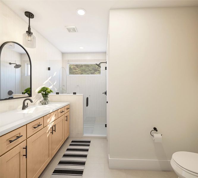 Full bathroom featuring a shower stall, vanity, recessed lighting, and light tile patterned flooring Full bathroom featuring a shower stall, vanity, recessed lighting, and light tile patterned flooring