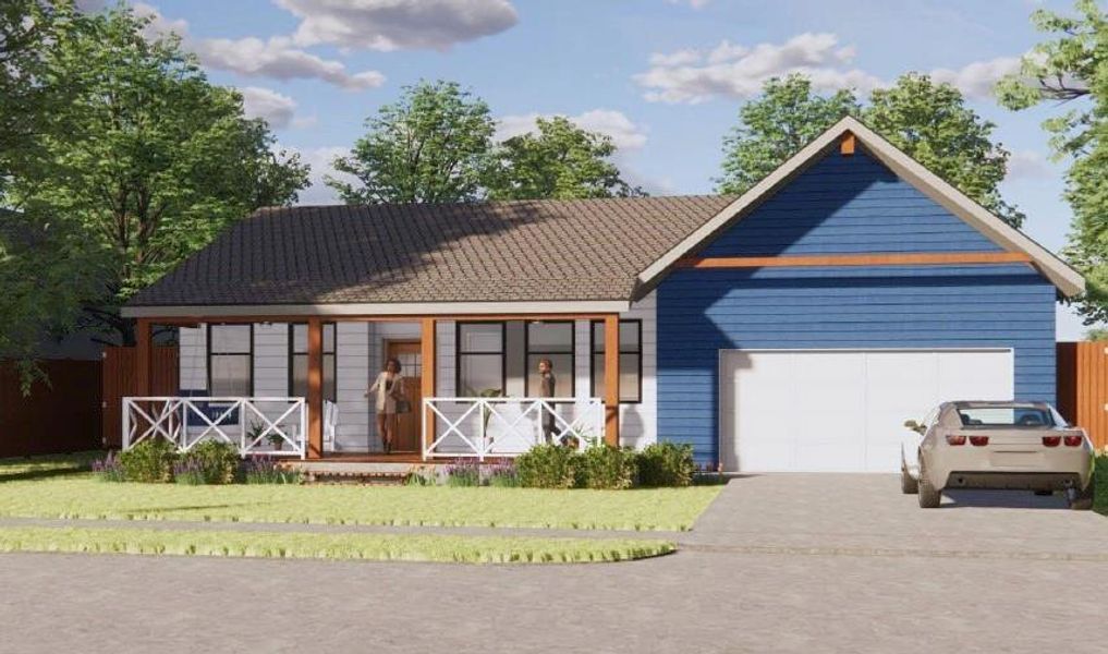 View of front facade featuring a front yard, a garage, and covered porch