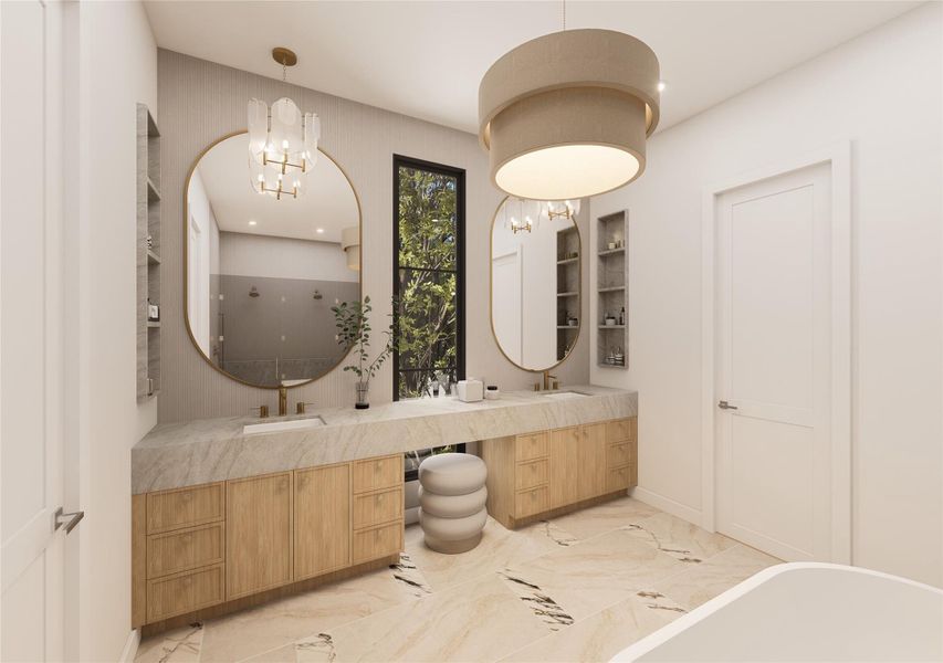 A spa-caliber bath designed with symmetry and sophistication in mind. Twin arched mirrors framed in warm brass reflect natural light from the centered window, while a stone-clad vanity and custom millwork create a serene, tailored retreat. A spa-caliber bath designed with symmetry and sophistication in mind. Twin arched mirrors framed in warm brass reflect natural light from the centered window, while a stone-clad vanity and custom millwork create a serene, tailored retreat.