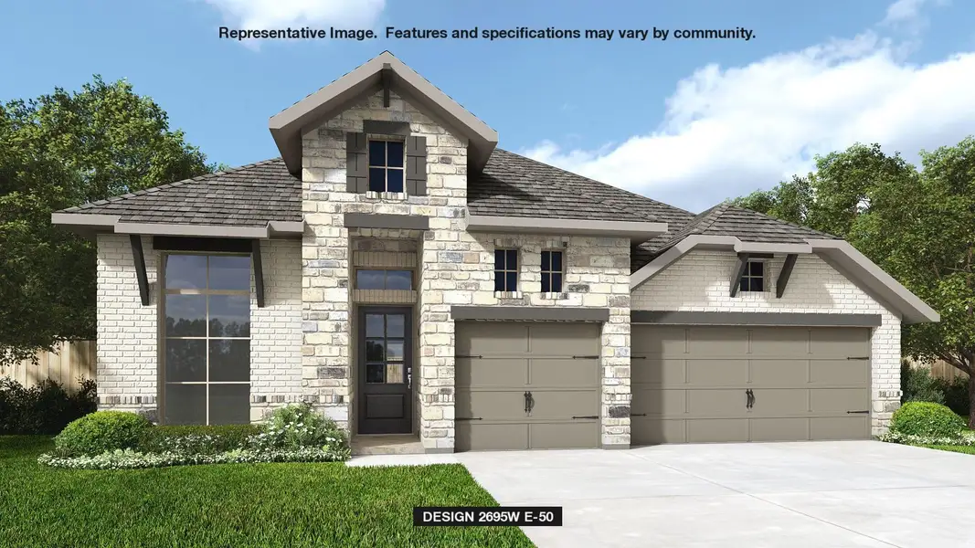 French country home featuring concrete driveway, roof with shingles, stone siding, and brick siding