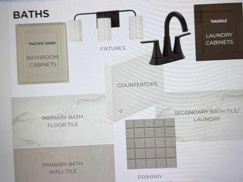 Design Board. Illustrating material and fixture selections for the property's baths and laundry areas Design Board. Illustrating material and fixture selections for the property's baths and laundry areas