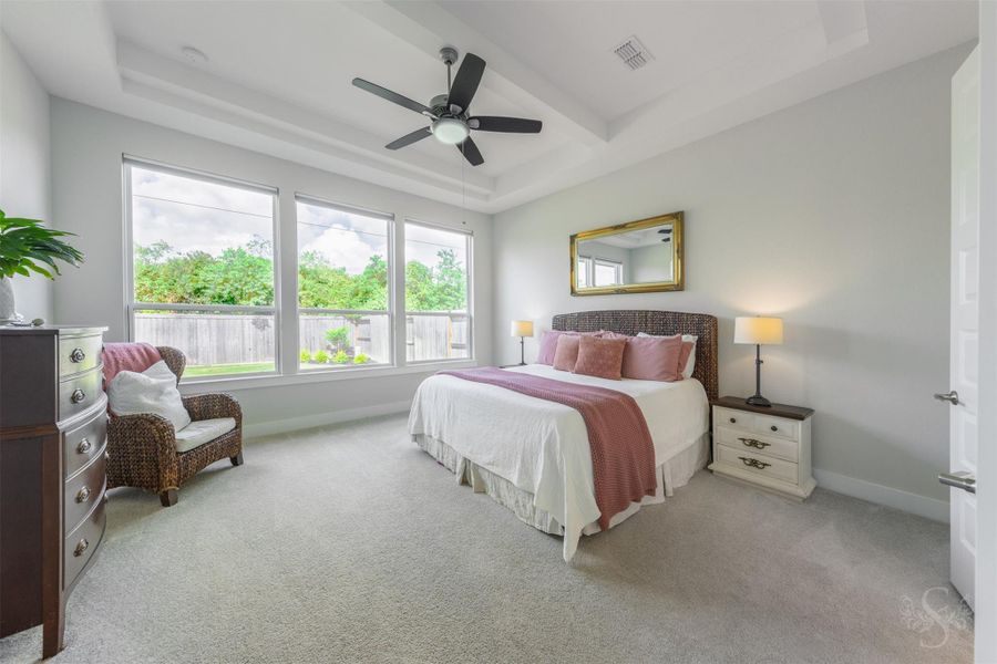 Spacious primary bedroom is beautifully framed by an elegant tray ceiling and a wall of windows overlooking the greenbelt. Plenty of room remains for a sitting area by the windows. Spacious primary bedroom is beautifully framed by an elegant tray ceiling and a wall of windows overlooking the greenbelt. Plenty of room remains for a sitting area by the windows.