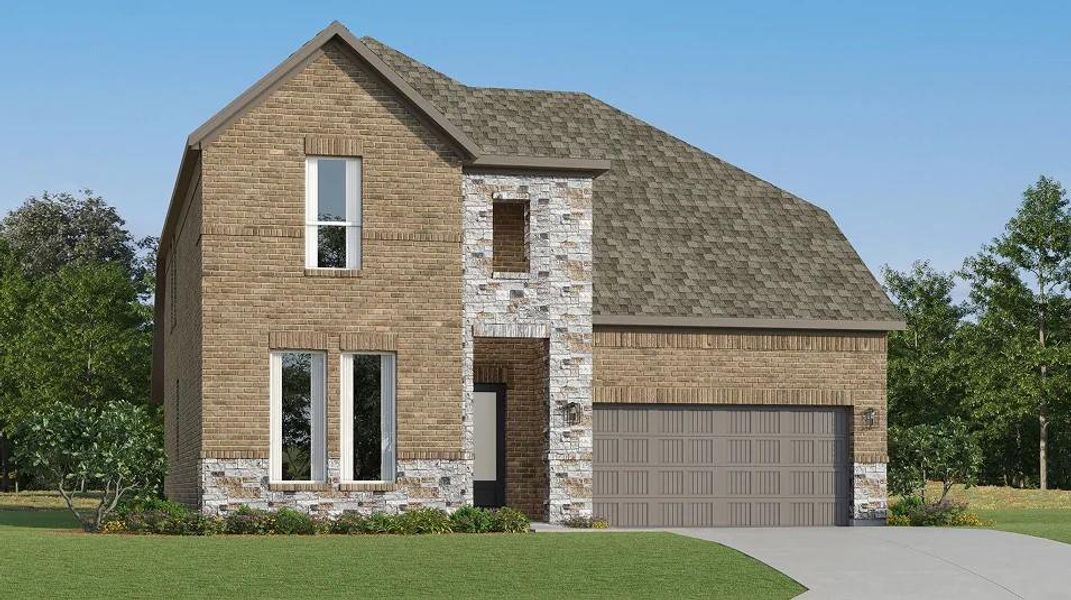 Front exterior of a new home in Cotton Brook, Hutto, TX, highlighting curb appeal (Image 2). Front exterior of a new home in Cotton Brook, Hutto, TX, highlighting curb appeal (Image 2).