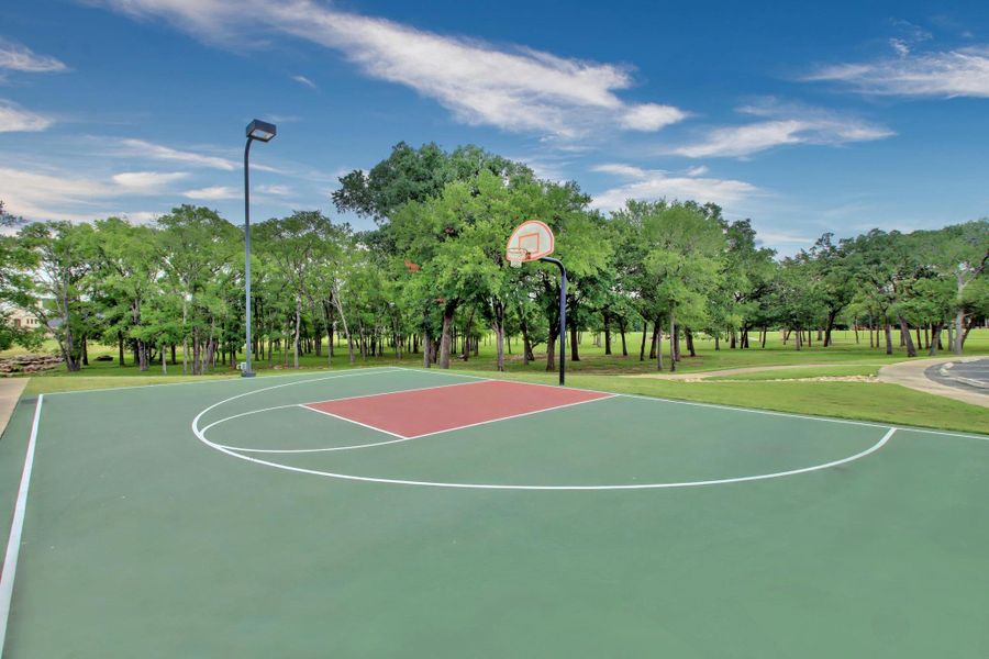Community basketball court with green and red playing surfaces, surrounded by mature trees and green spaces