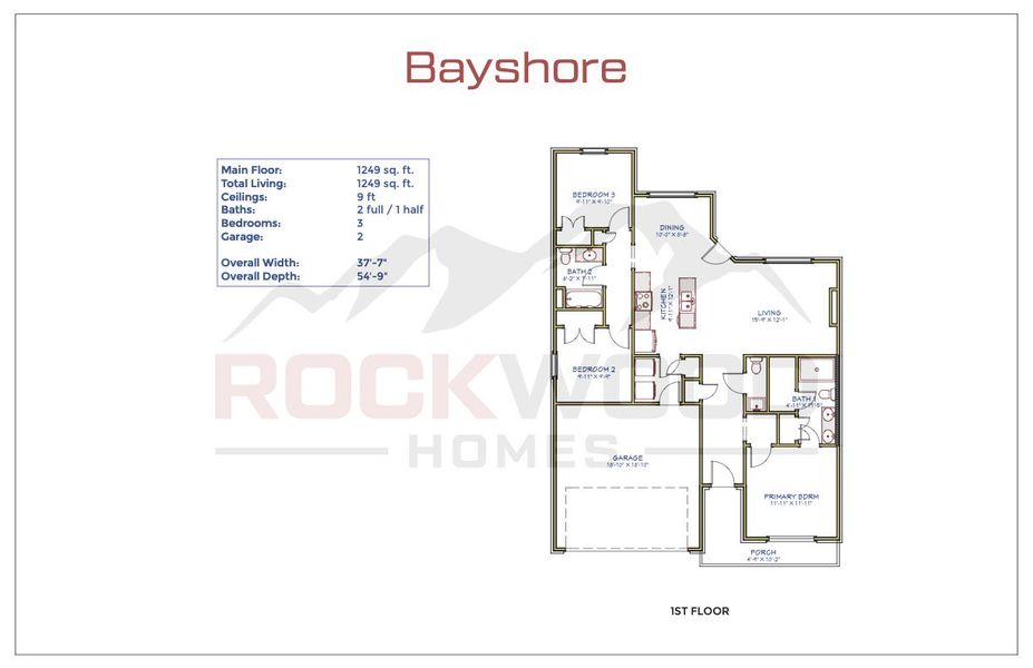 2D floor plan layout for the Bayshore by Rockwood Homes in Fletchers Bend, Clarksville, TN (Image 2).