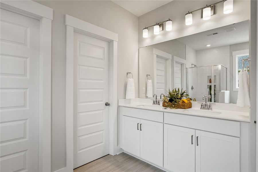 Dual vanities and sleek fixtures create a contempo Dual vanities and sleek fixtures create a contempo