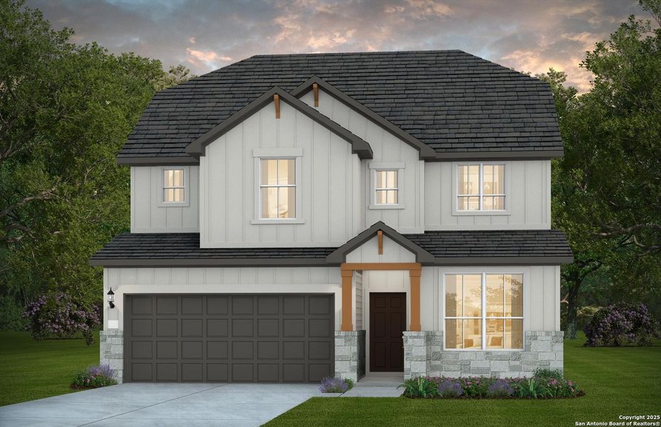Front exterior of a new home in Bison Ridge, San Antonio, TX, highlighting curb appeal (Image 2). Front exterior of a new home in Bison Ridge, San Antonio, TX, highlighting curb appeal (Image 2).