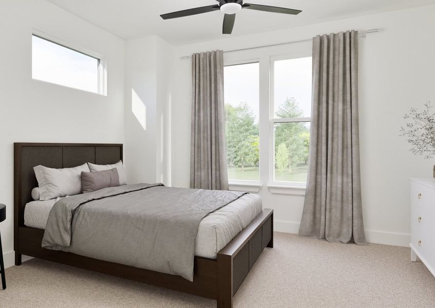 6 Minimalist bedroom with a large bed dressed in gray and white linens, a black nightstand, and a dresser. Soft natural light from the window highlights the neutral tones, creating a calm atmosphere.