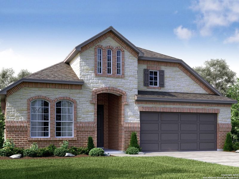 Front exterior of a new home in Sagebrooke - Classic Series, San Antonio, TX, highlighting curb appeal (Image 1).
