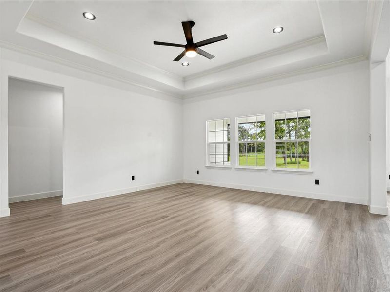 Empty room with hardwood / wood-style floors, crown molding, a raised ceiling, and ceiling fan