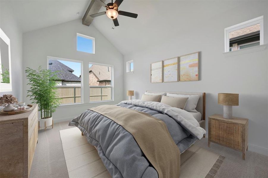 Bedroom featuring a ceiling fan and light colored carpet
