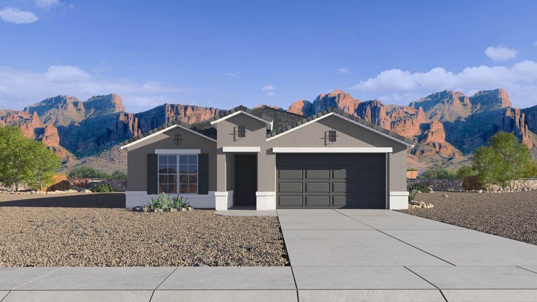 Front exterior of a new home in Zanjero Pass, Waddell, AZ, highlighting curb appeal (Image 1). Front exterior of a new home in Zanjero Pass, Waddell, AZ, highlighting curb appeal (Image 1).