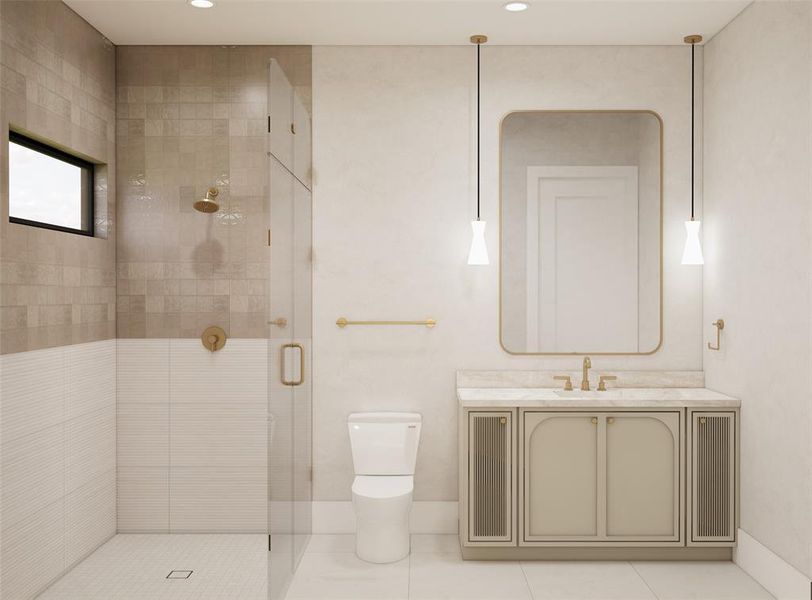 Bathroom with vanity, a shower stall, and light tile patterned floors