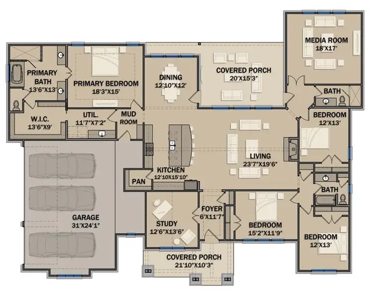 2D floor plan layout of this home in Oak Water Ranch, Granbury, TX (Image 3). 2D floor plan layout of this home in Oak Water Ranch, Granbury, TX (Image 3).