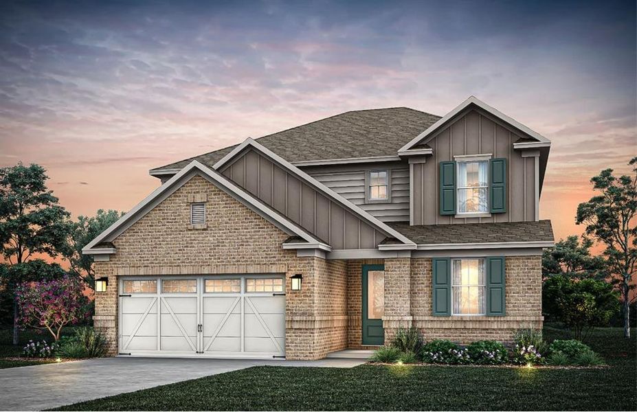 Front exterior of a new home in Linden Grove, Powder Springs, GA, highlighting curb appeal (Image 1). Front exterior of a new home in Linden Grove, Powder Springs, GA, highlighting curb appeal (Image 1).