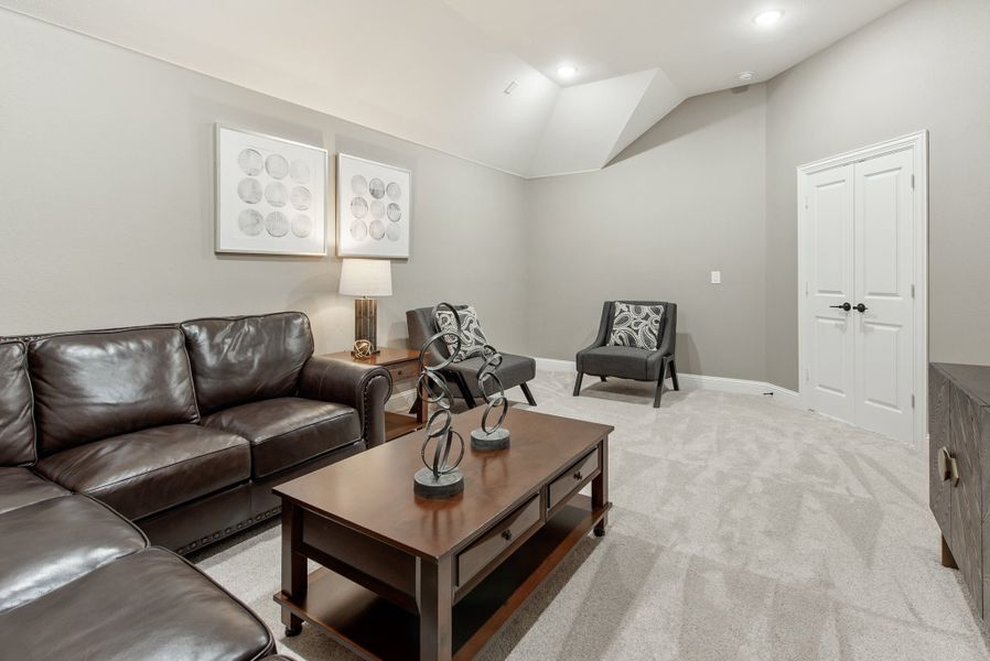 Finished basement living area with dark leather sofa, gray accent chairs, wood coffee table, and neutral carpet Finished basement living area with dark leather sofa, gray accent chairs, wood coffee table, and neutral carpet
