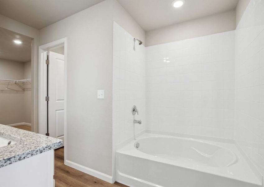 The master bathroom has a dual sink vanity and a soaking tub.